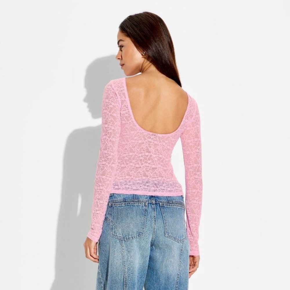 Wild Fable Womens Pink Floral Lace Long Sleeve Scoop Back Top NWT Size Medium
